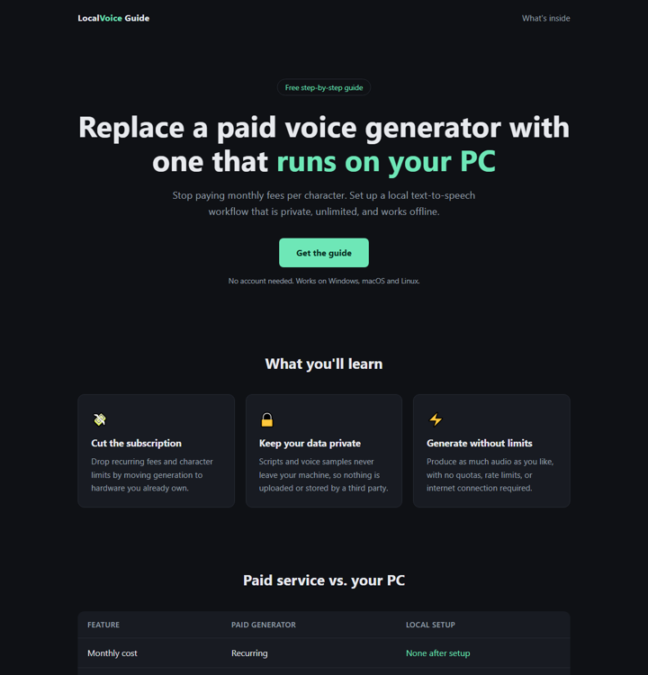 Landing page without the plugin: dark theme, mint accent, three cards and a table