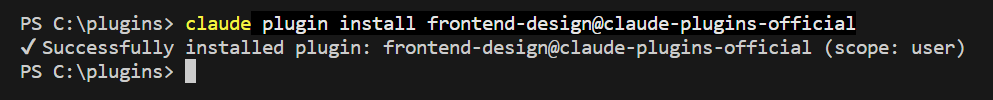 Terminal showing Successfully installed plugin: frontend-design