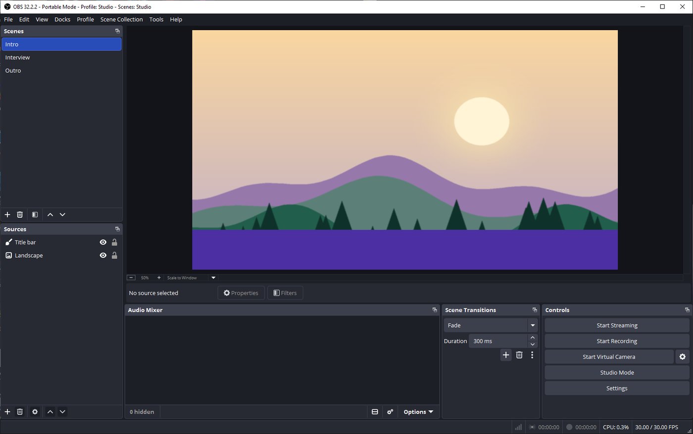 OBS Studio with three scenes, a picture source and the recording controls