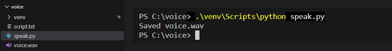 The voice folder with voice.wav, and a terminal showing the run of speak.py ending with Saved voice.wav